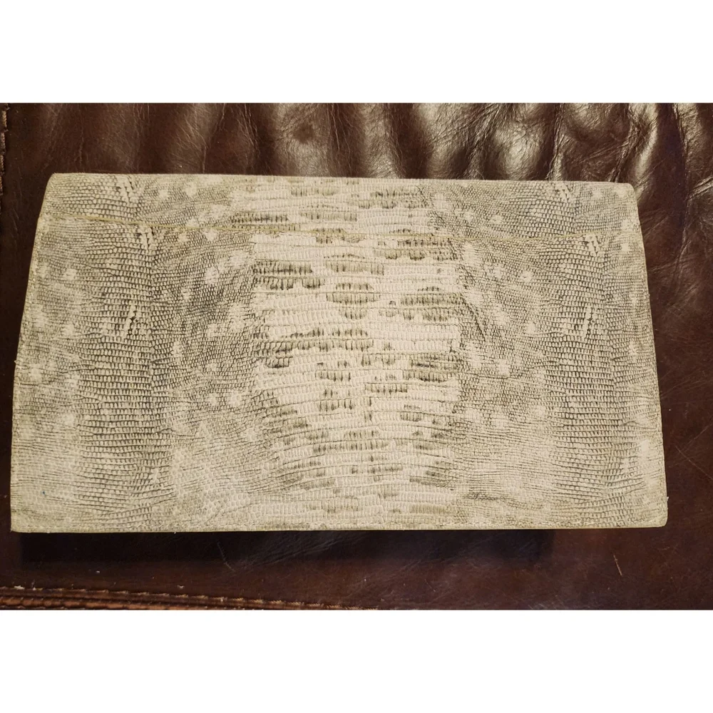 Elie Tahari Clutch Bag Beige Leather Reptile Embossed Design